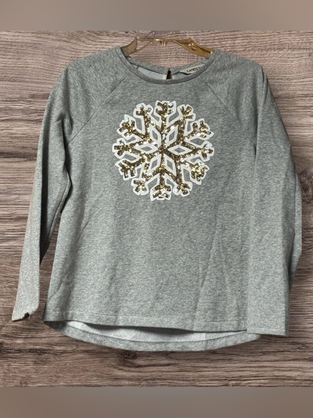 NWOT Lands’ End Gray Heather Crew New Sweatshirt With Sequin Snowflake SZ XL